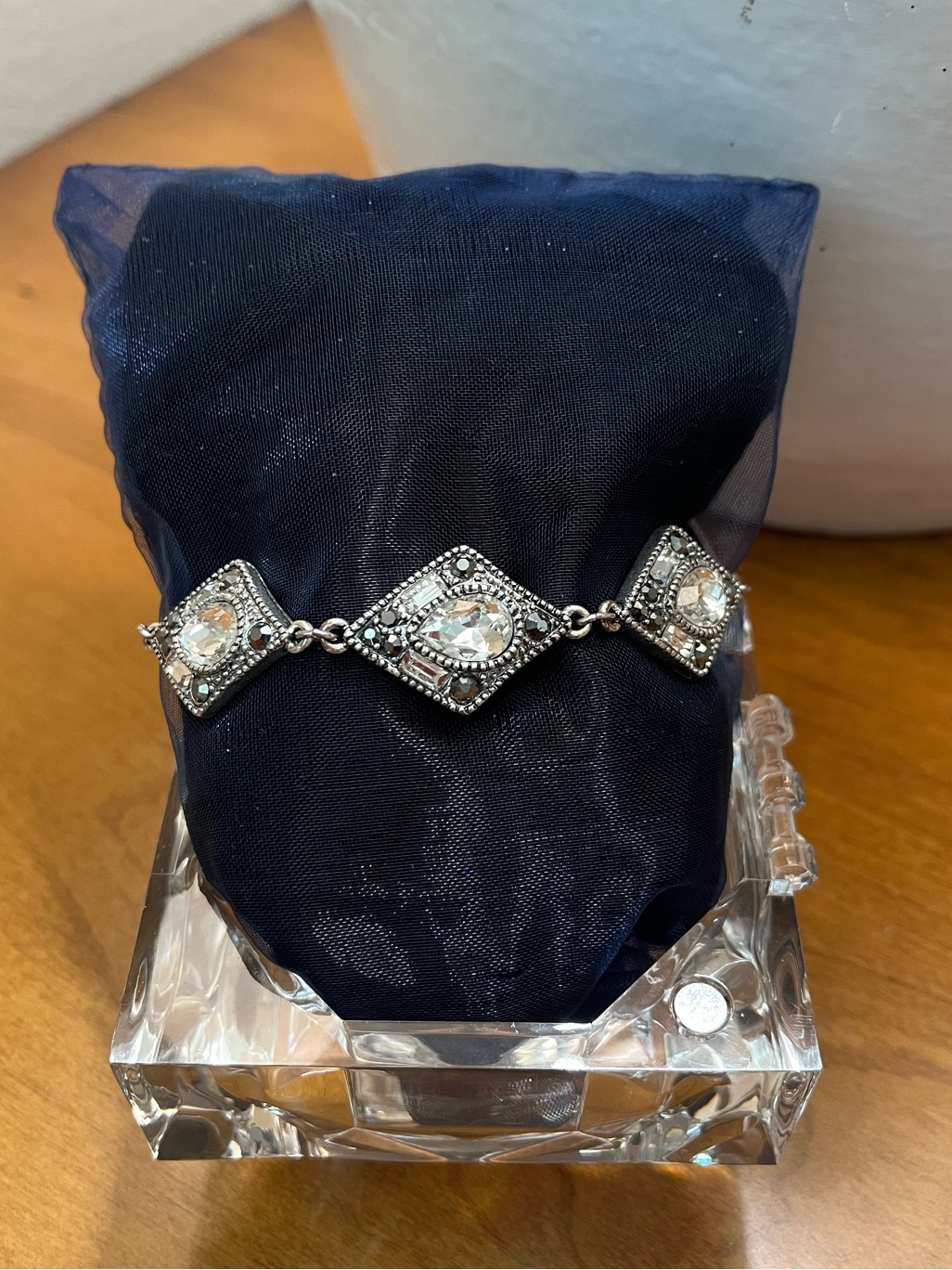 Vintage Look Silver-Tone Clear And Black Crystal Diamond-Link Bracelet